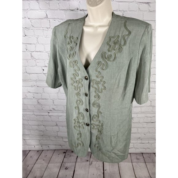 VTG Perceptions By Irene B Green Shoulder Padded Button Up Embellished Blouse 14 - Picture 3 of 10